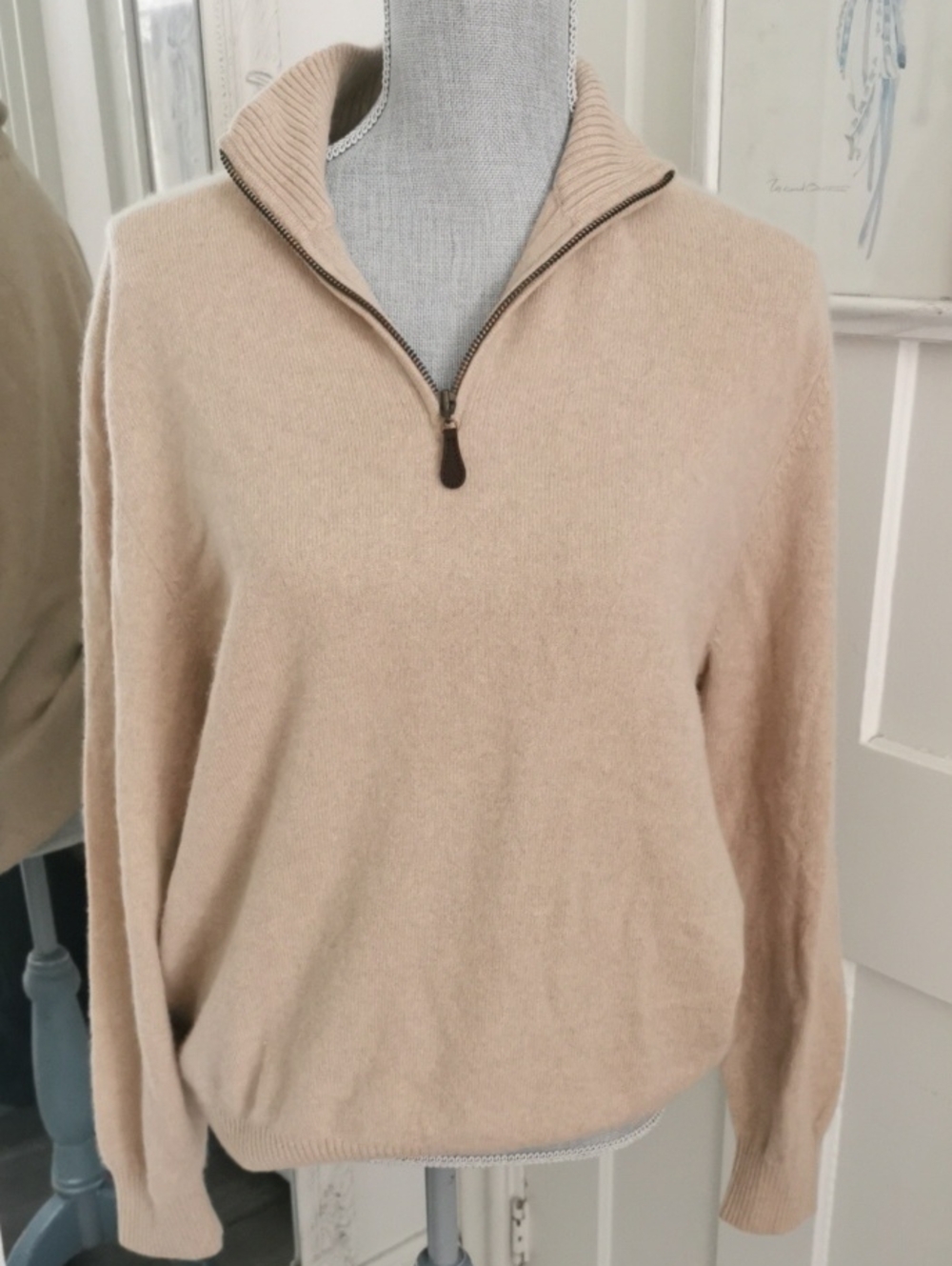 Unisex Lands End  Academia Camel Color Half-Zip 100% Cashmere Sweater. Size M
